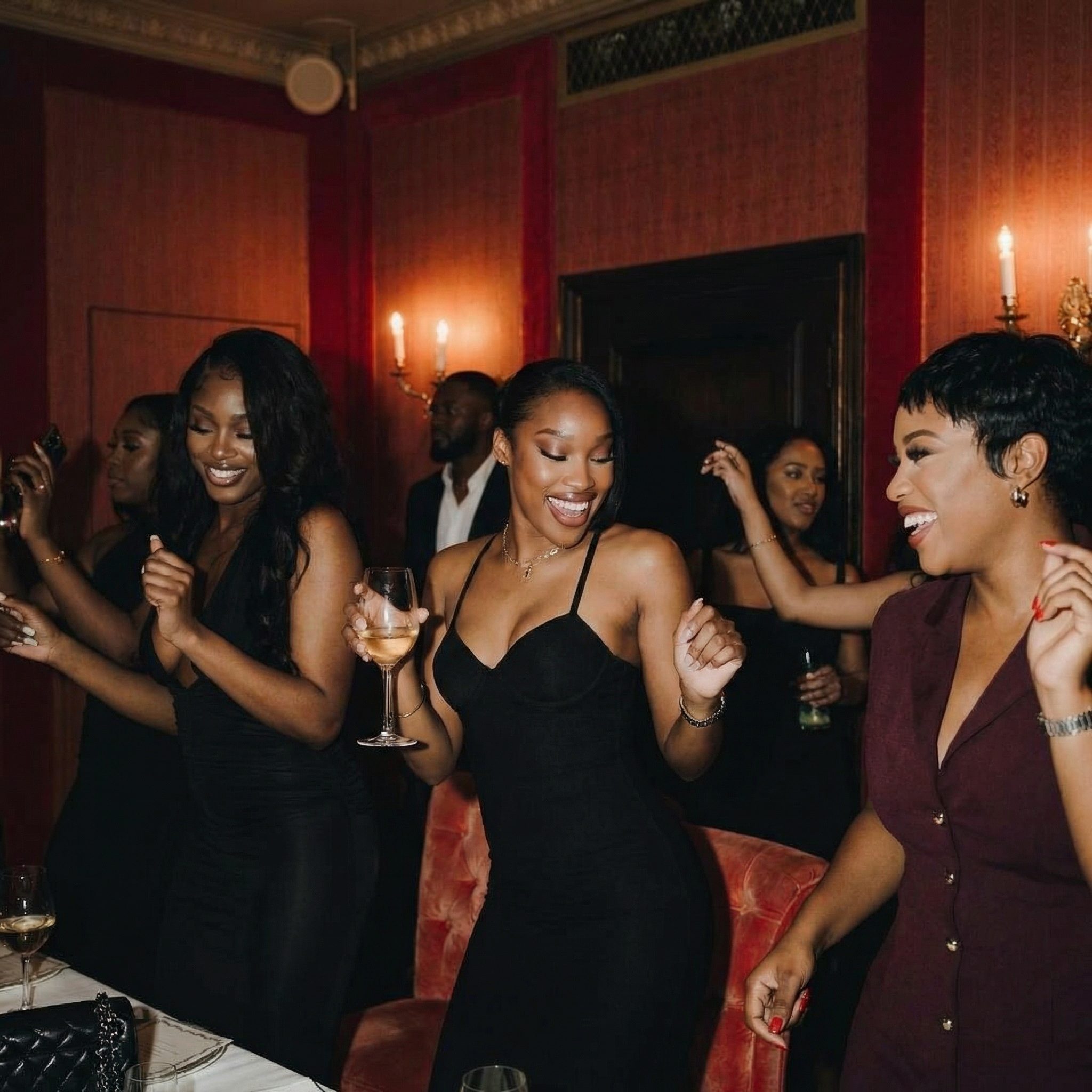 Women dancing in elegant red room with wine and candles