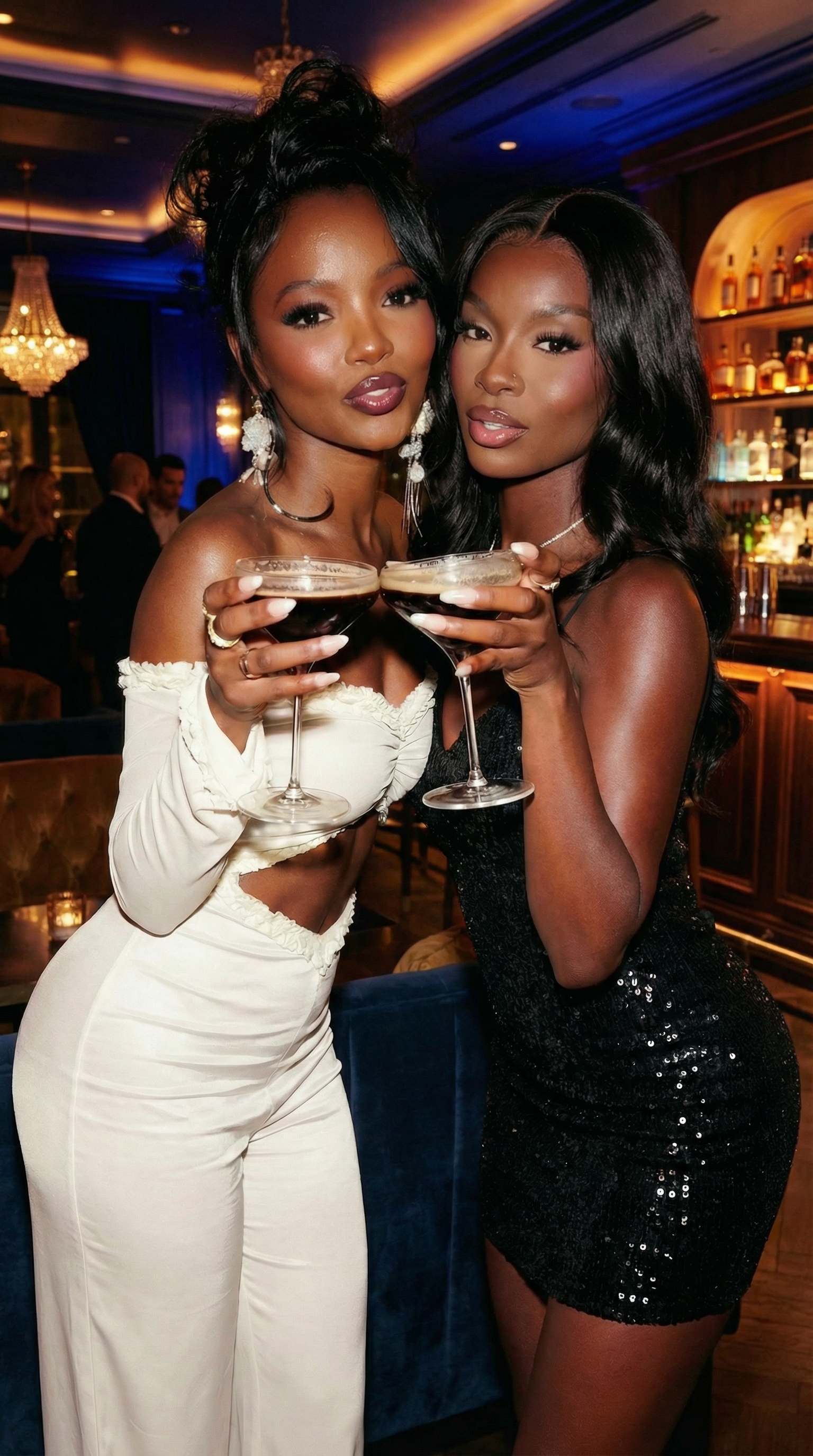 Two women toasting espresso martinis at lounge