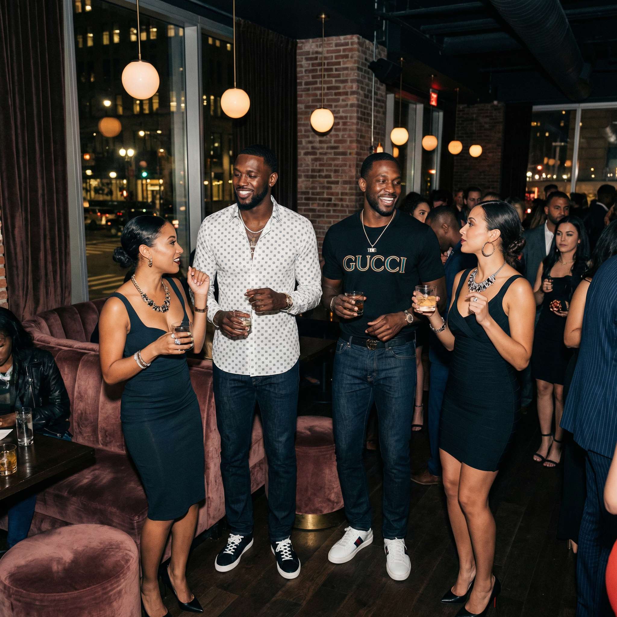 Group mingling at lounge with pendant lights and city view