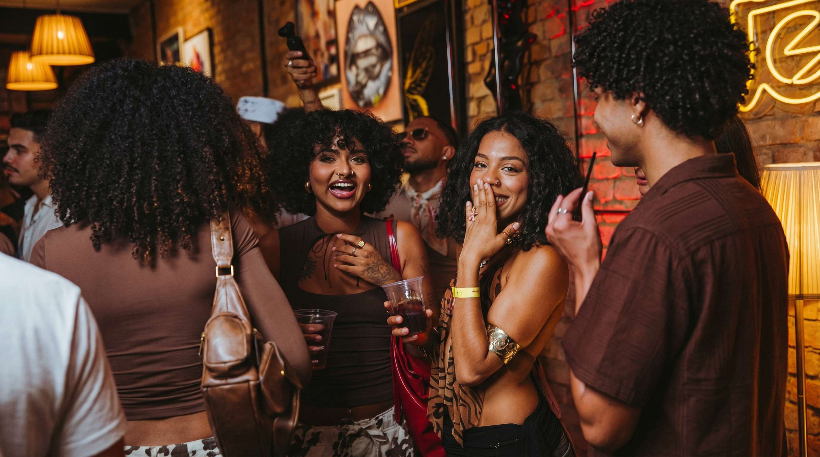 Friends chatting at vibrant bar with neon lights