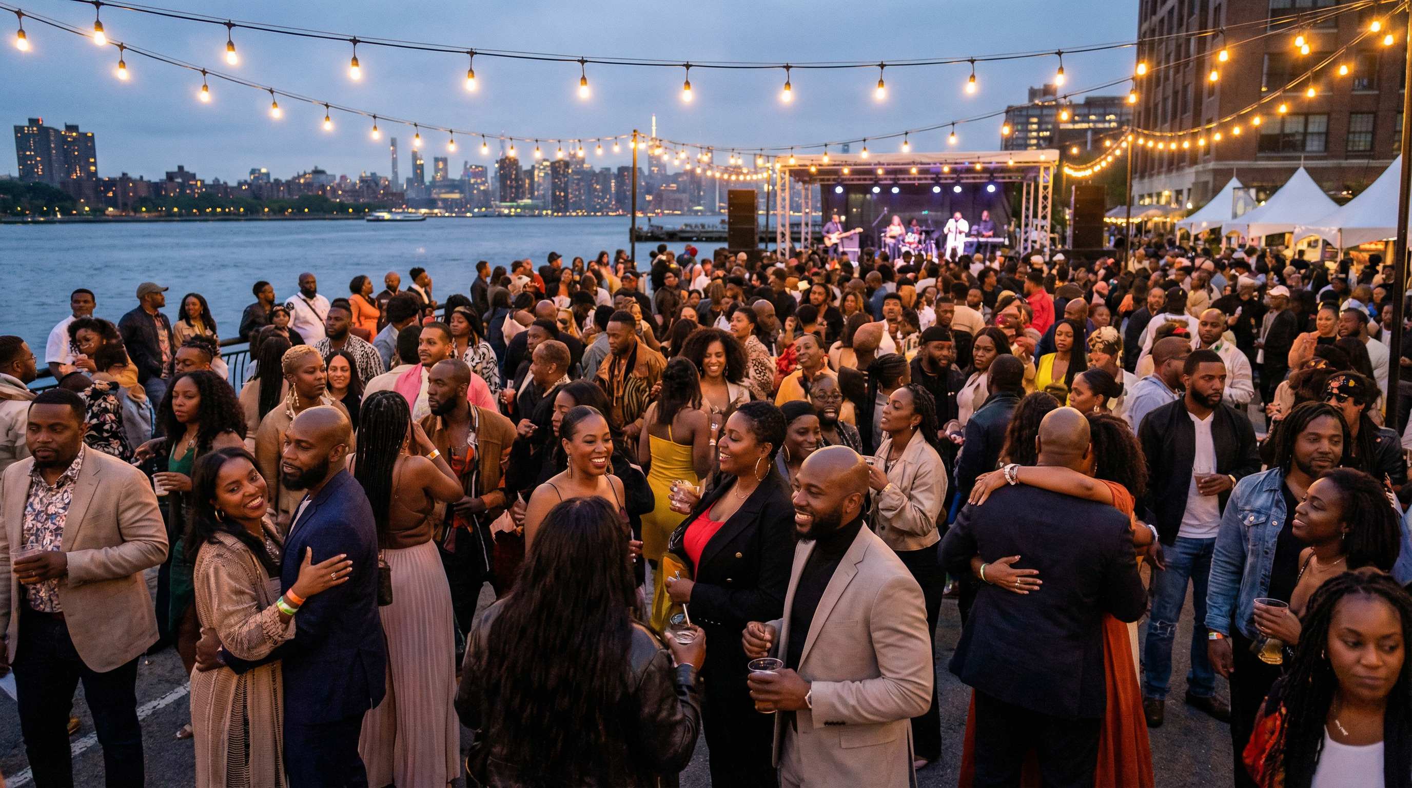 Outdoor waterfront festival with city skyline