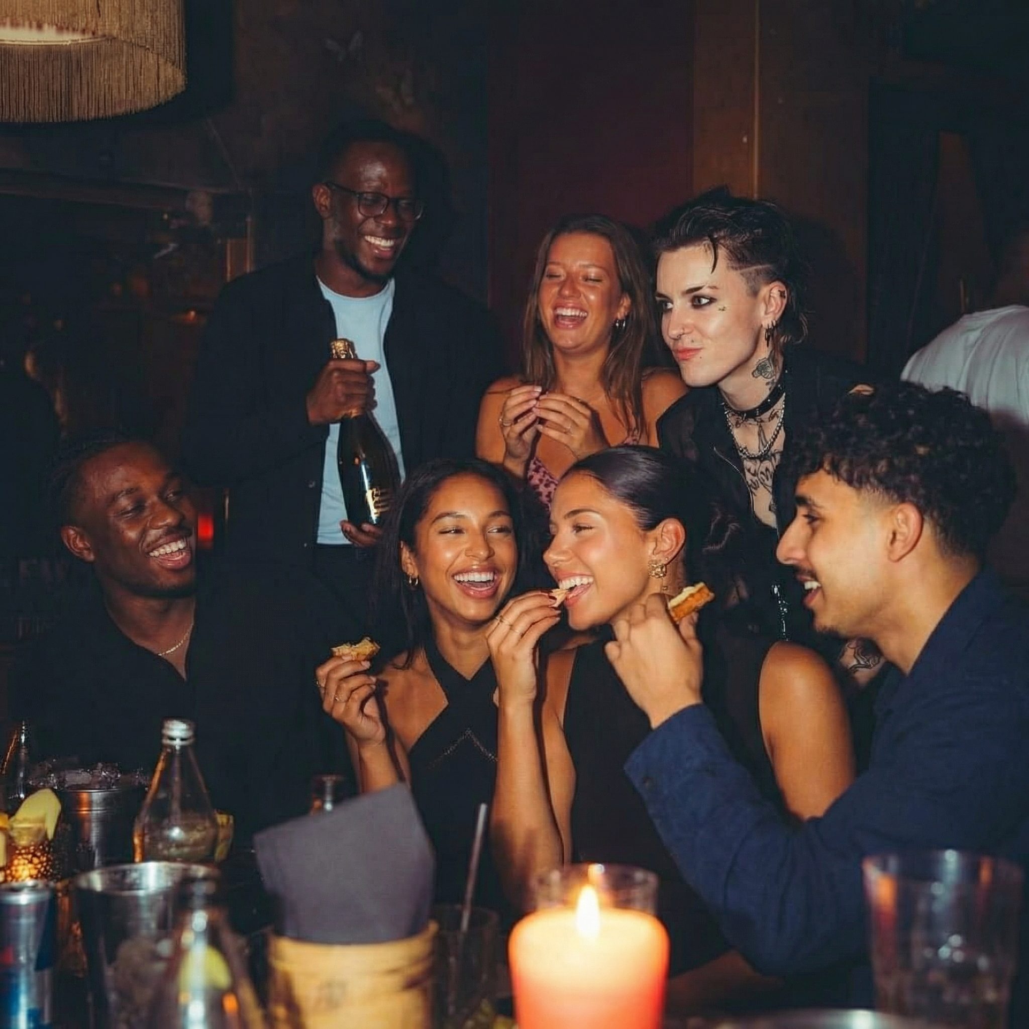 Friends laughing together with champagne at candlelit table